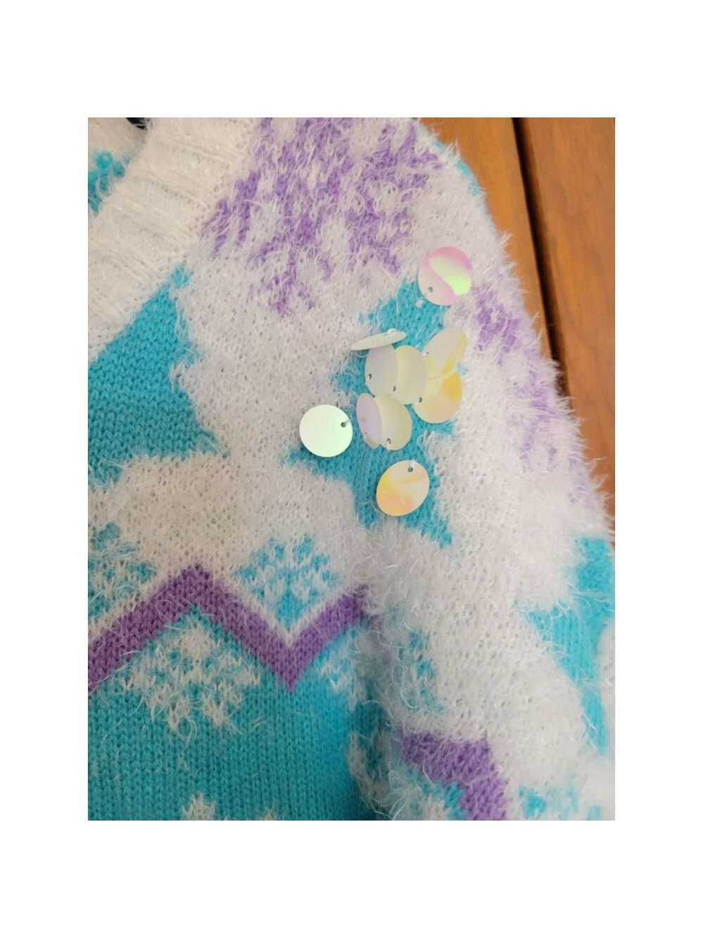 33 Degrees XL Fair Isle Sweater Teal White Sequins - Picture 3 of 6